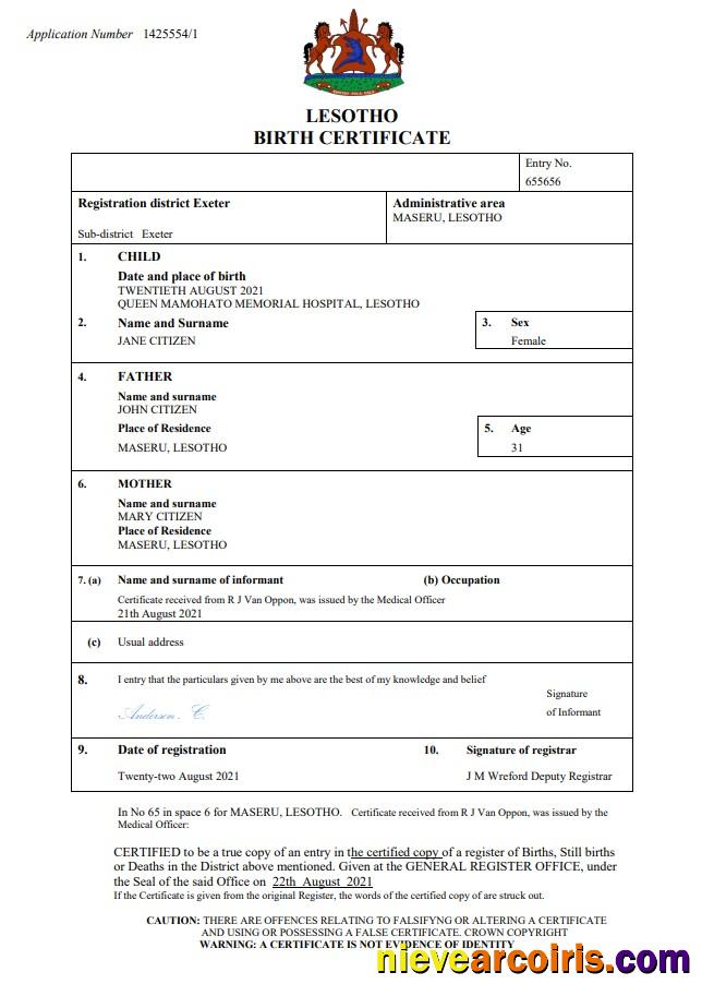 Lesotho birth certificate
